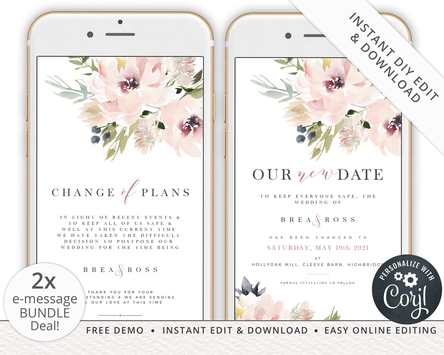 BUNDLE - INSTANT Elegant Modern Floral Phone E-messages Change of Plans Postponed Announcement New Date Editable Templates - PRD015