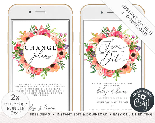 BUNDLE - INSTANT Watercolor Florals Phone E-messages Change of Plans Postponed Announcement New Date Editable Templates - PRD017