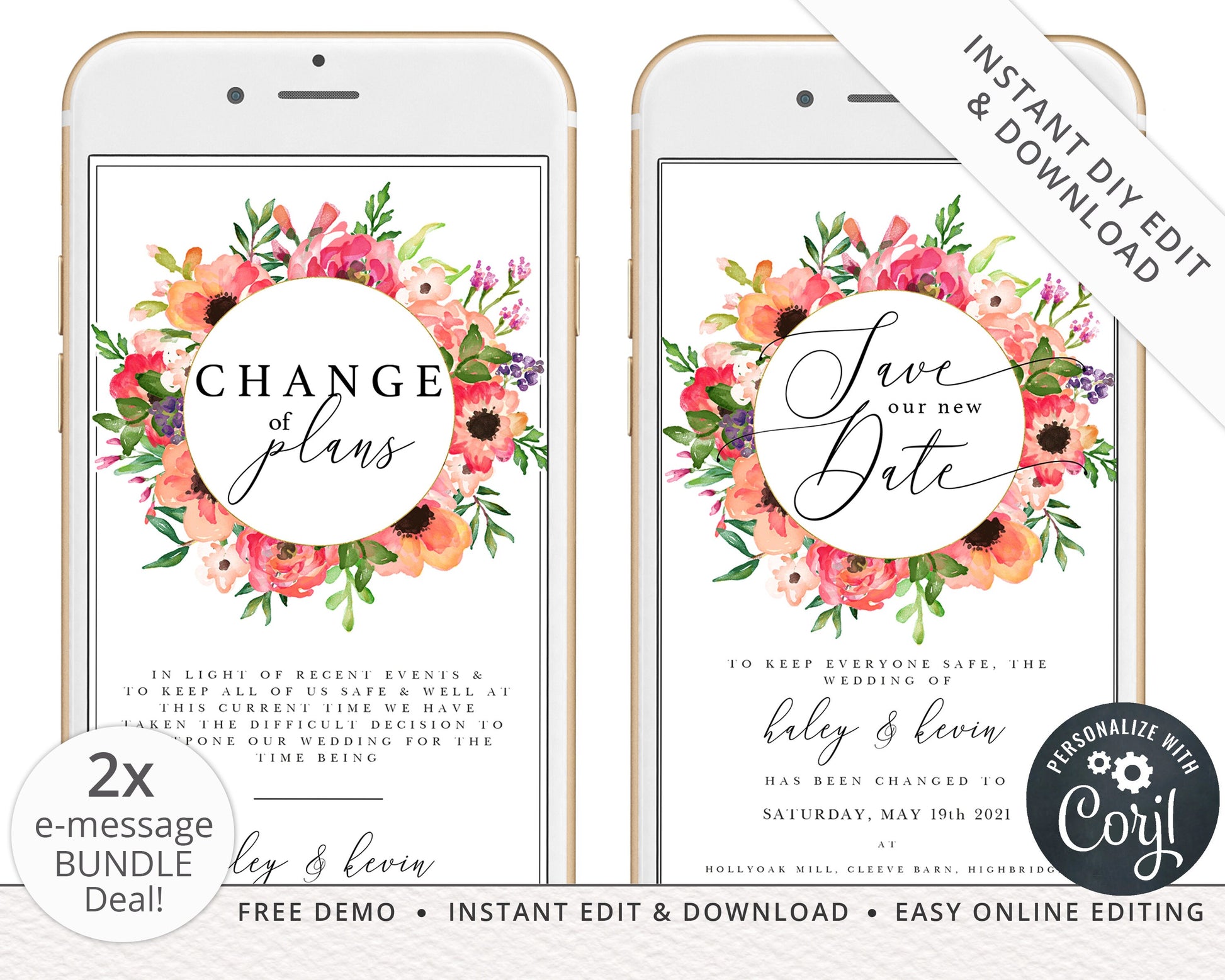 BUNDLE - INSTANT Watercolor Florals Phone E-messages Change of Plans Postponed Announcement New Date Editable Templates - PRD017