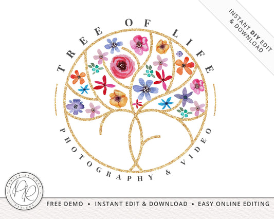 Editable Premade Tree Floral & Gold Nature Circle Stamp Photography Logo | Watermark Logo Download Instant DIY Logo Editable Template PR0267