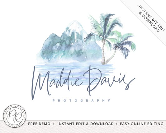 DIY Boho Inspired Soft Watercolor Tropical Nature Logo Design Instant Download | DIY Editable Template |  Premade Logo Design MD-001