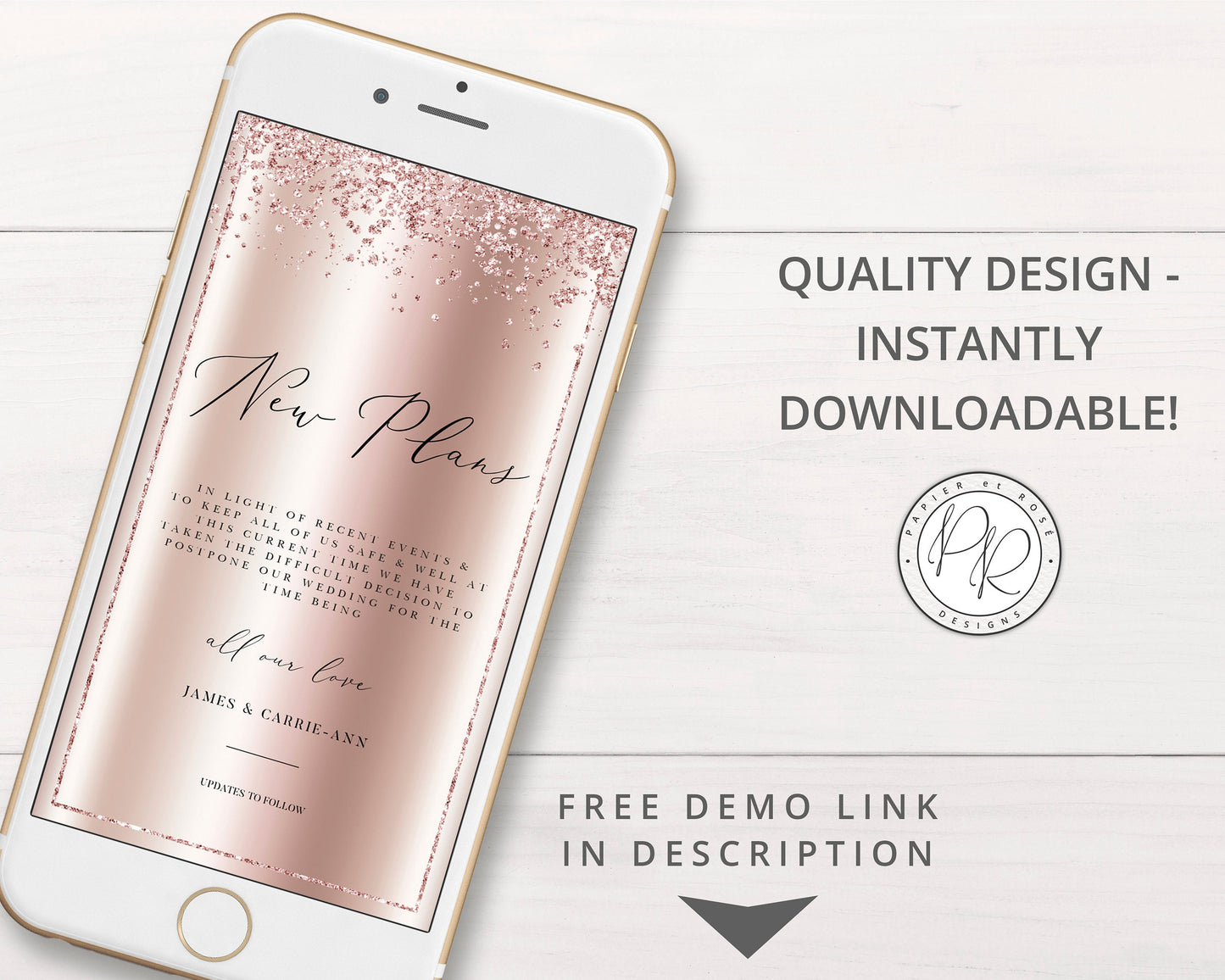 Instant Postponed Digital iPhone Phone Rose Gold Change of Plans Date  Wedding E-Card E-message | Announcement Editable Template - PRD003