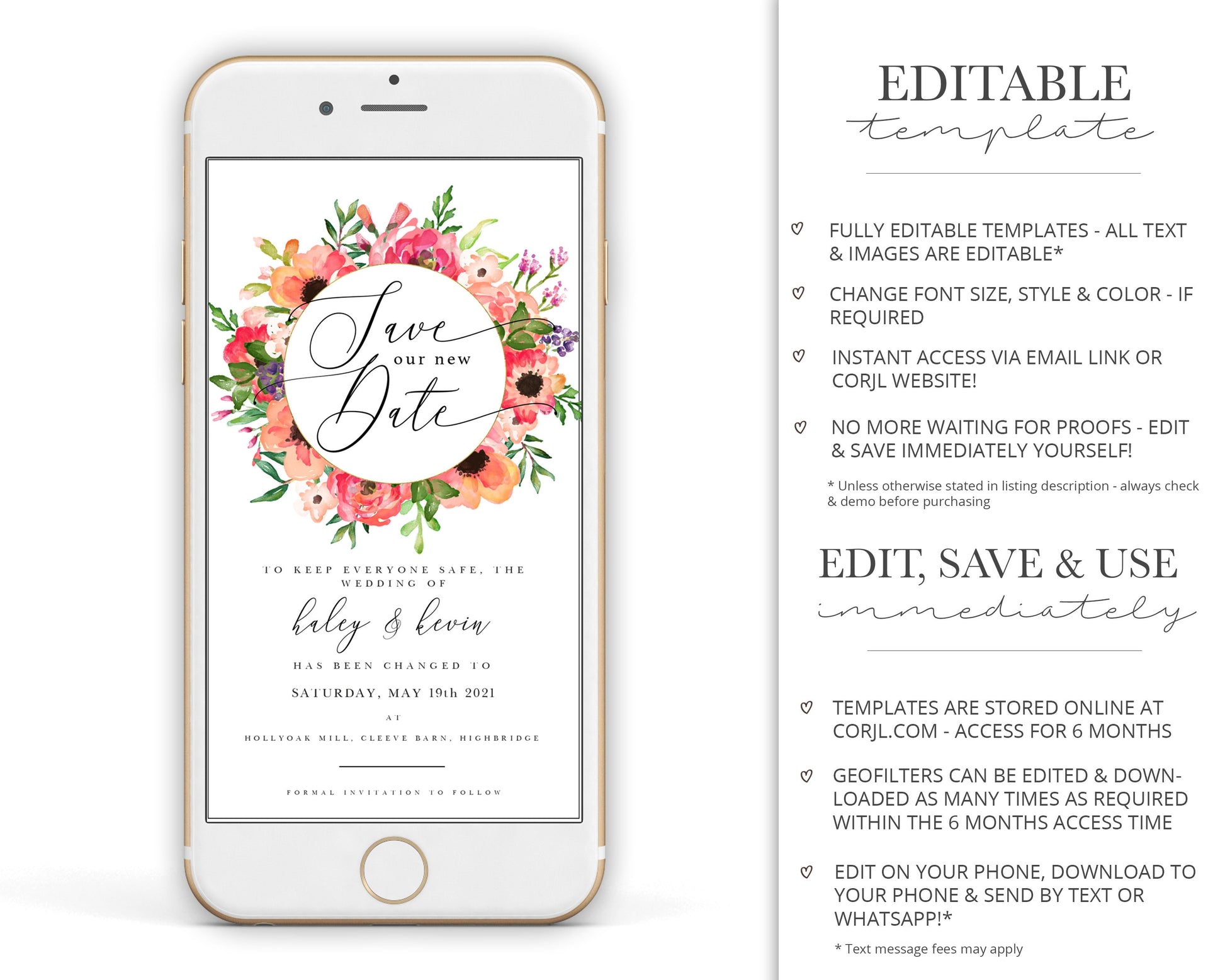 INSTANT New Date Digital iPhone Phone Florals Change of Plans Date Wedding E-Card E-message | Announcement Editable Template - PRD005