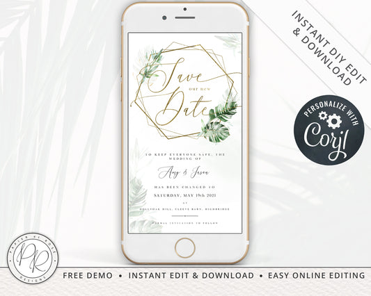 INSTANT New Date Foliage Digital Phone E-message Change of Plans Change Wedding Date | Postponed Announcement Editable Template - PRD006
