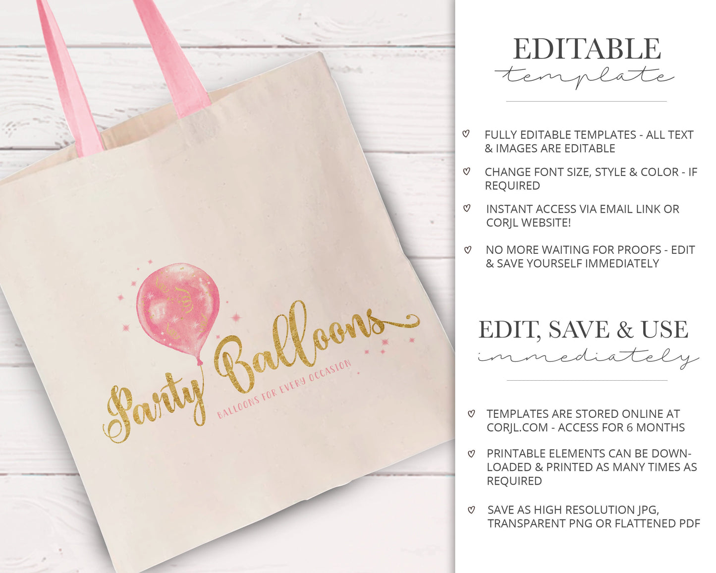 Editable Party Balloon Watercolor & Gold Foil Premade Logo Design Instant Download | DIY Template | Startup Business Branding - PR0288
