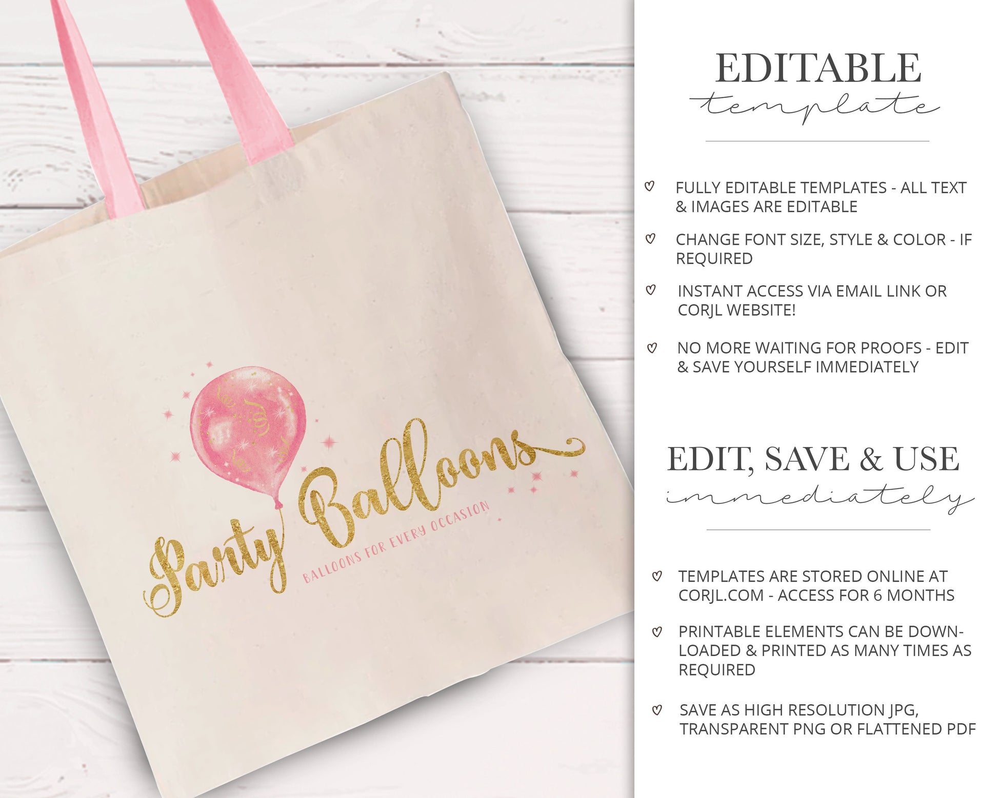 Editable Party Balloon Watercolor & Gold Foil Premade Logo Design Instant Download | DIY Template | Startup Business Branding - PR0288