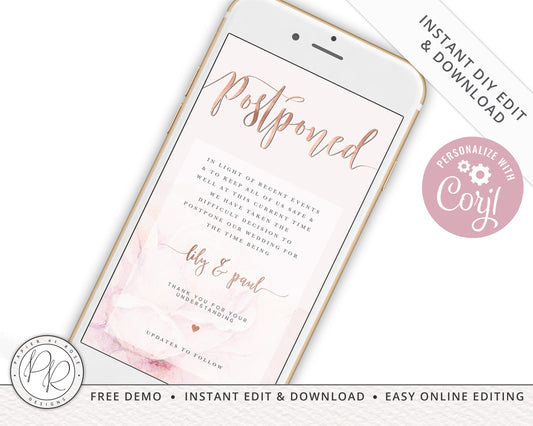 Instant Postponed Pink Digital Phone E-message Change of Plans Change Wedding Date | New Date Announcement Editable Template - PRD008