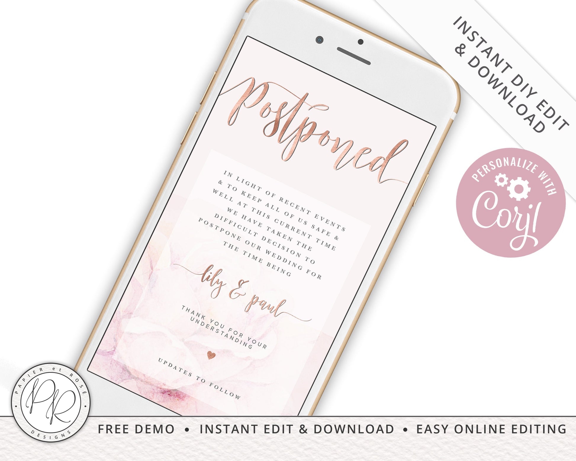 Instant Postponed Pink Digital Phone E-message Change of Plans Change Wedding Date | New Date Announcement Editable Template - PRD008