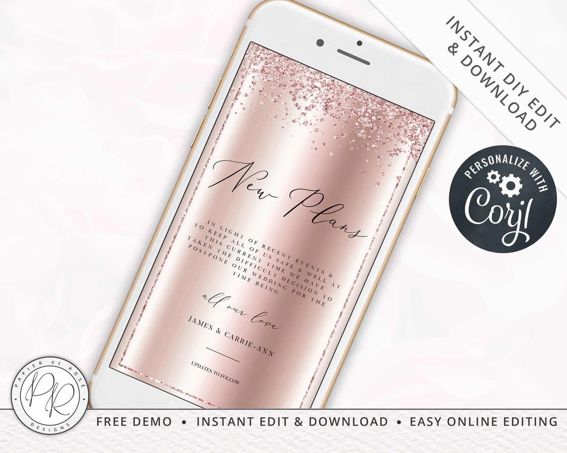 Instant Postponed Digital iPhone Phone Rose Gold Change of Plans Date  Wedding E-Card E-message | Announcement Editable Template - PRD003