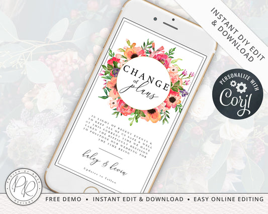 INSTANT EDIT YOURSELF Digital iPhone Samsung Phone Change of Date Wedding E-Card E-message | Announcement Editable Template - PRD002