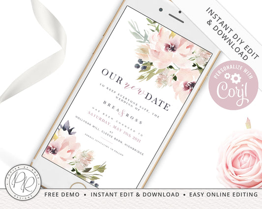 DIY Instant New Date Elegant Modern Floral Phone E-message Change of Plans Change Wedding Postponed Announcement Editable Template - PRD014