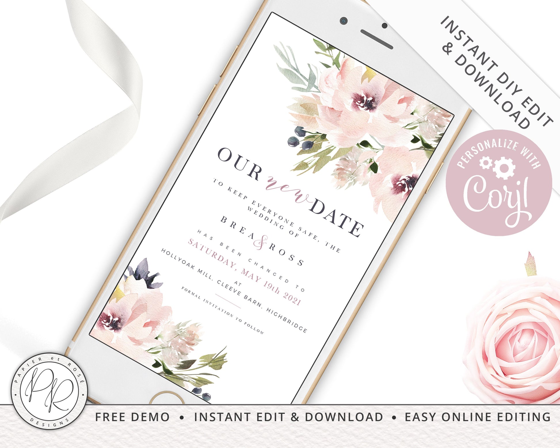DIY Instant New Date Elegant Modern Floral Phone E-message Change of Plans Change Wedding Postponed Announcement Editable Template - PRD014