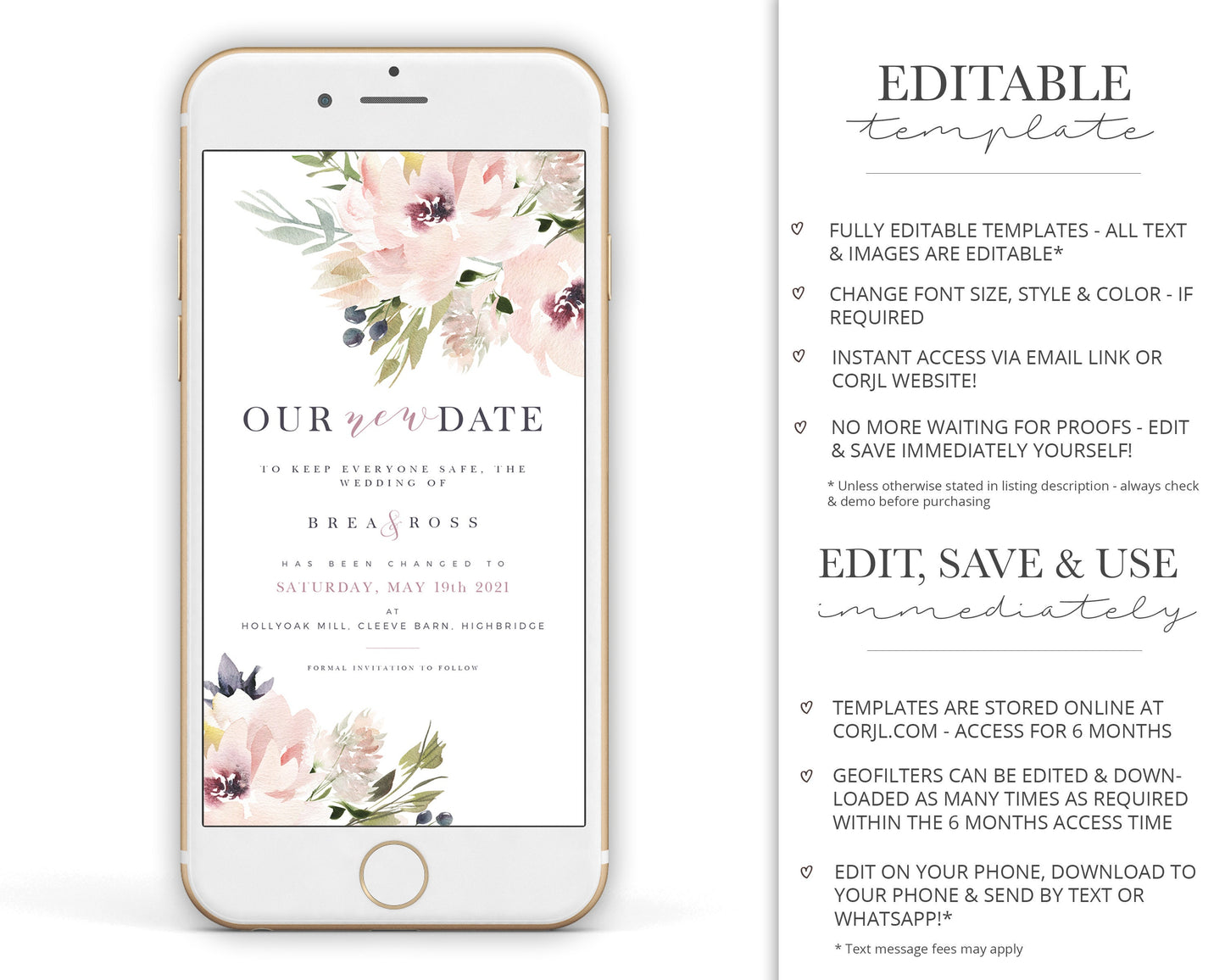 DIY Instant New Date Elegant Modern Floral Phone E-message Change of Plans Change Wedding Postponed Announcement Editable Template - PRD014