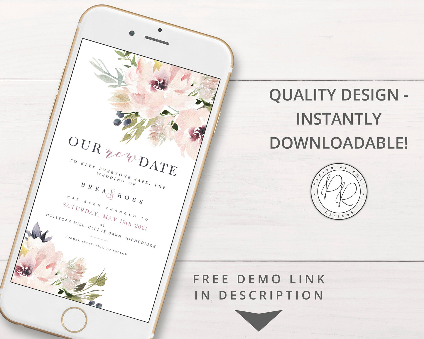 DIY Instant New Date Elegant Modern Floral Phone E-message Change of Plans Change Wedding Postponed Announcement Editable Template - PRD014