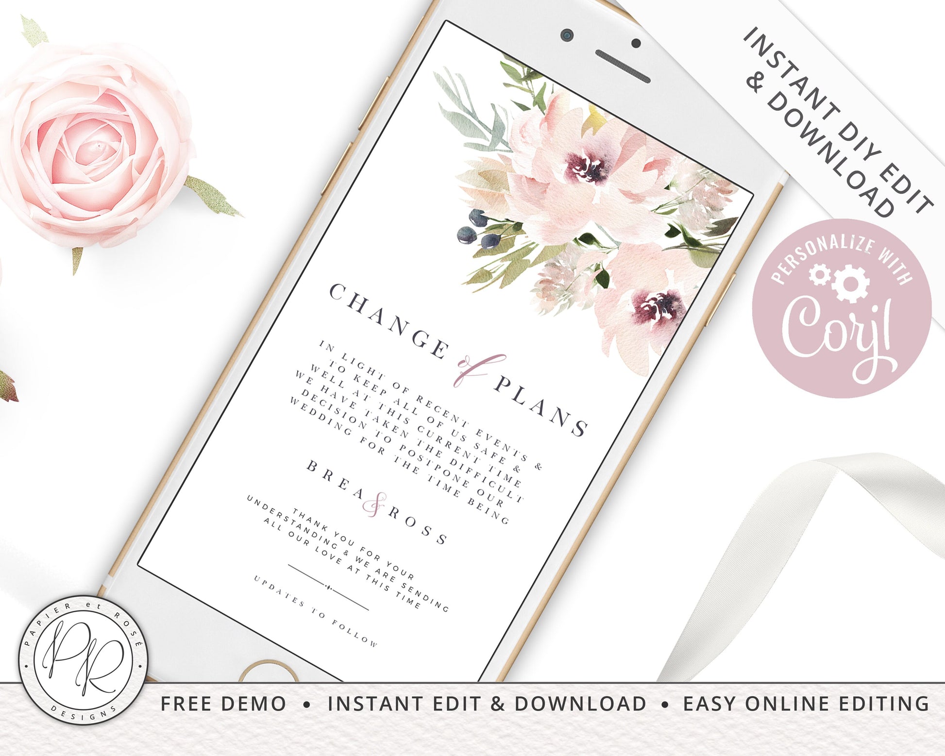 Instant Elegant Modern Floral Digital Phone E-message Change of Plans Change Wedding Date Postponed Announcement Editable Template - PRD013