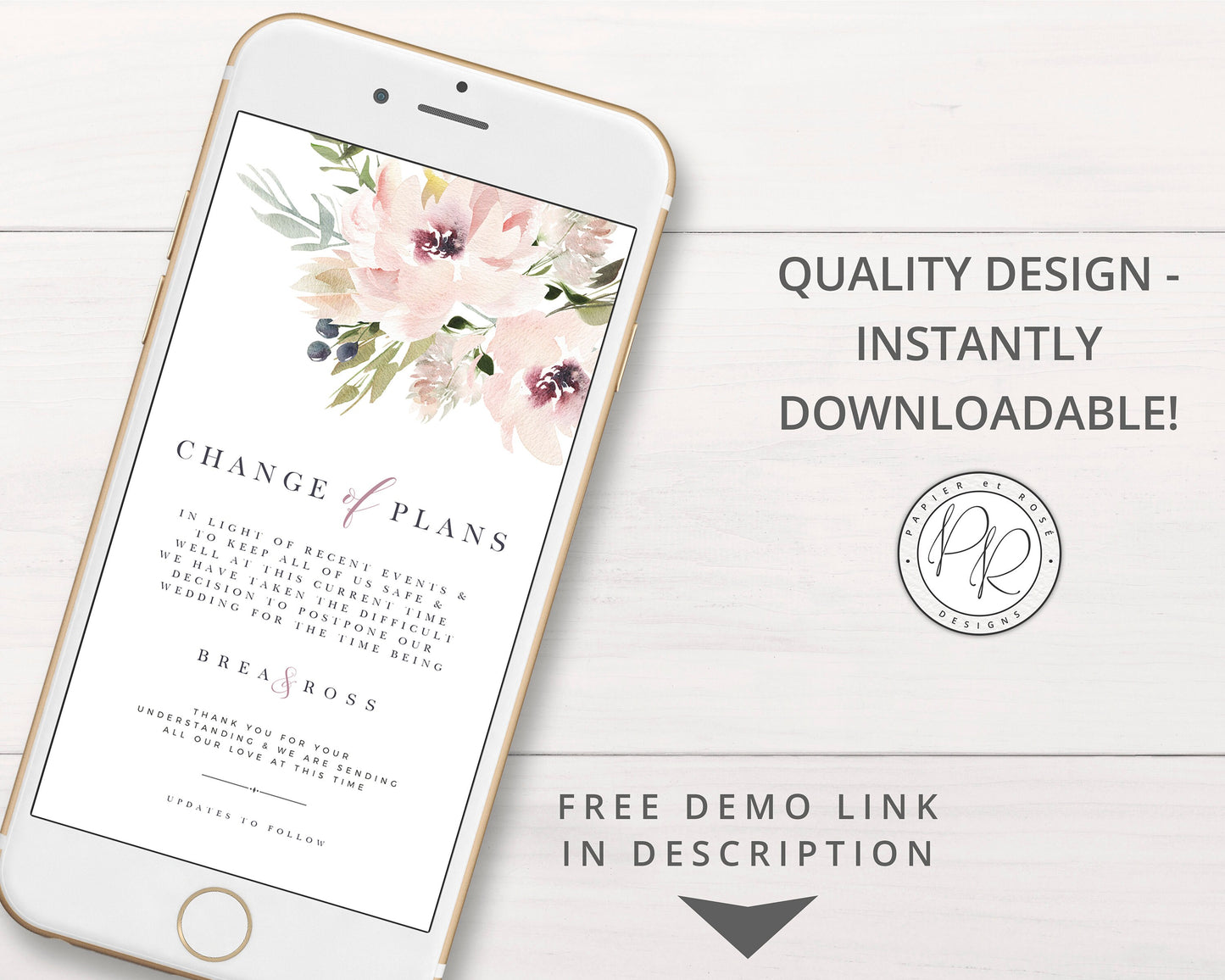 Instant Elegant Modern Floral Digital Phone E-message Change of Plans Change Wedding Date Postponed Announcement Editable Template - PRD013