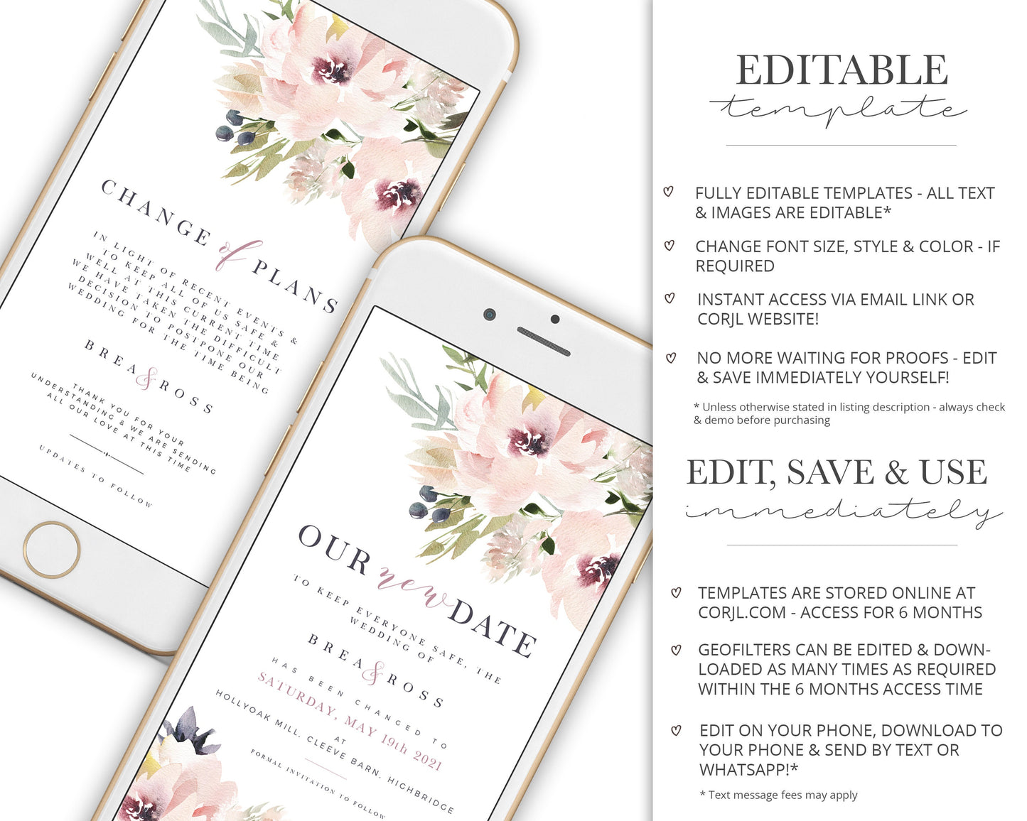 BUNDLE - INSTANT Elegant Modern Floral Phone E-messages Change of Plans Postponed Announcement New Date Editable Templates - PRD015