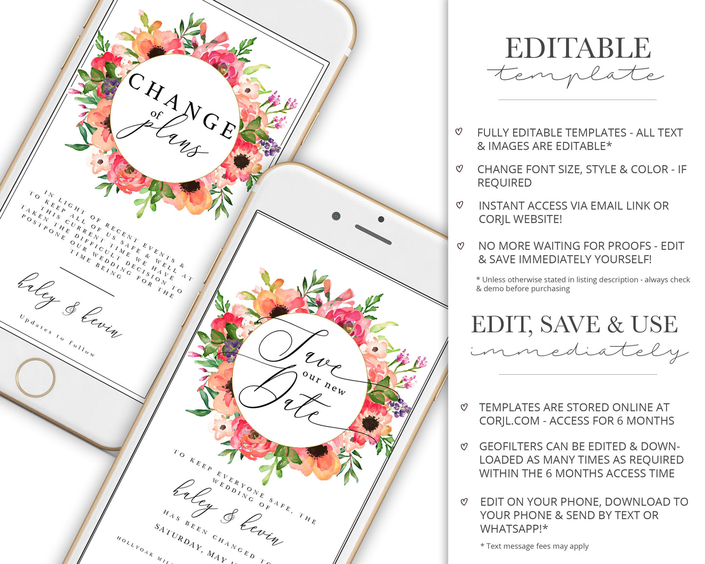 BUNDLE - INSTANT Watercolor Florals Phone E-messages Change of Plans Postponed Announcement New Date Editable Templates - PRD017