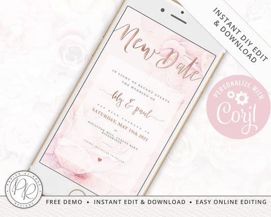 INSTANT New Date Pink Floral Digital Phone E-message Change of Plans Wedding Date | Save the Date Announcement Editable Template - PRD018