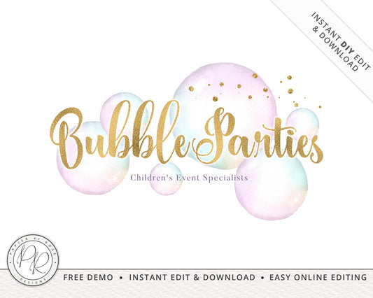 Editable Premade Watercolor Pastel & Gold Balloon Logo Design Instant DIY Download | Editable Template | Bubble Logo BP-001