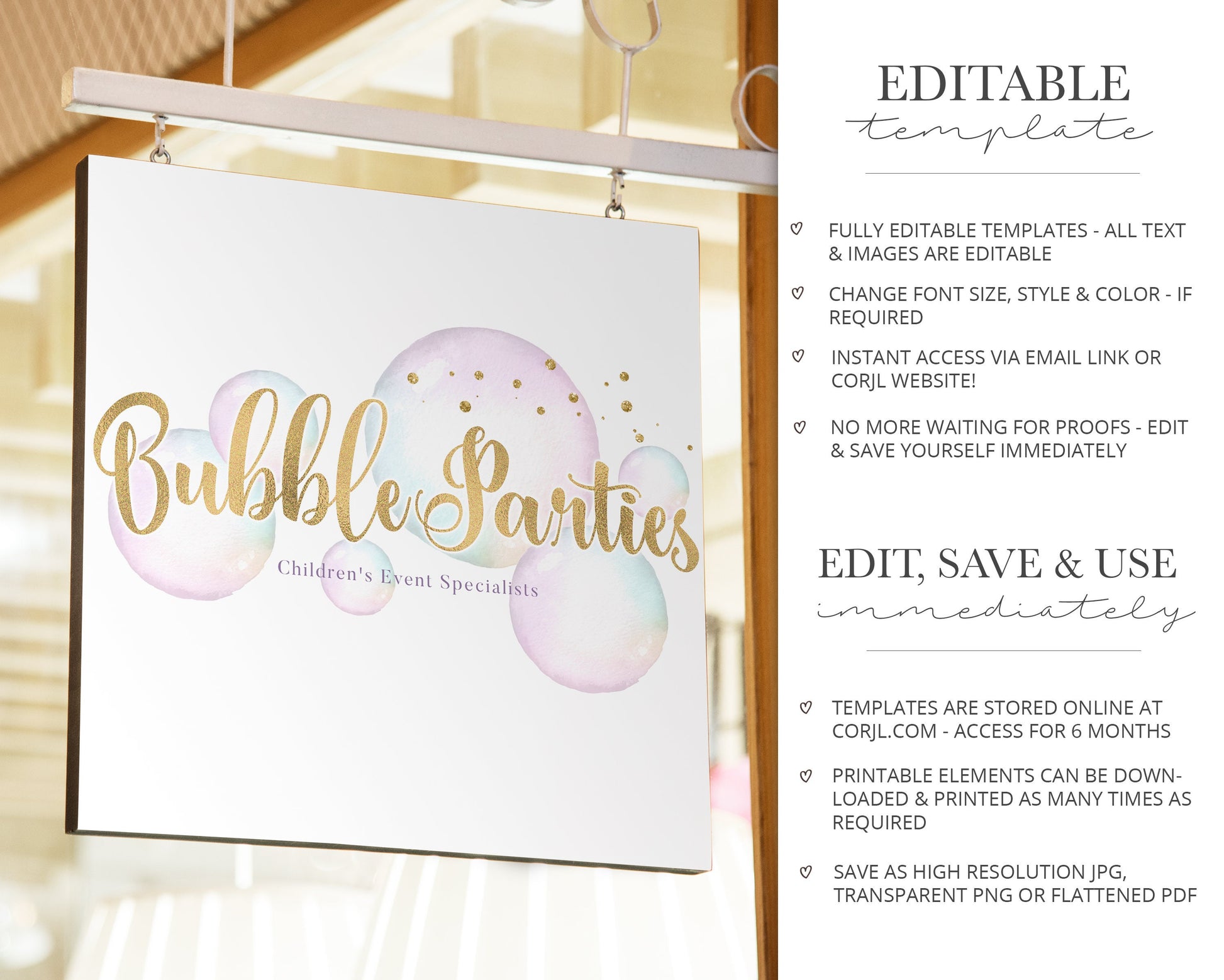 Editable Premade Watercolor Pastel & Gold Balloon Logo Design Instant DIY Download | Editable Template | Bubble Logo BP-001