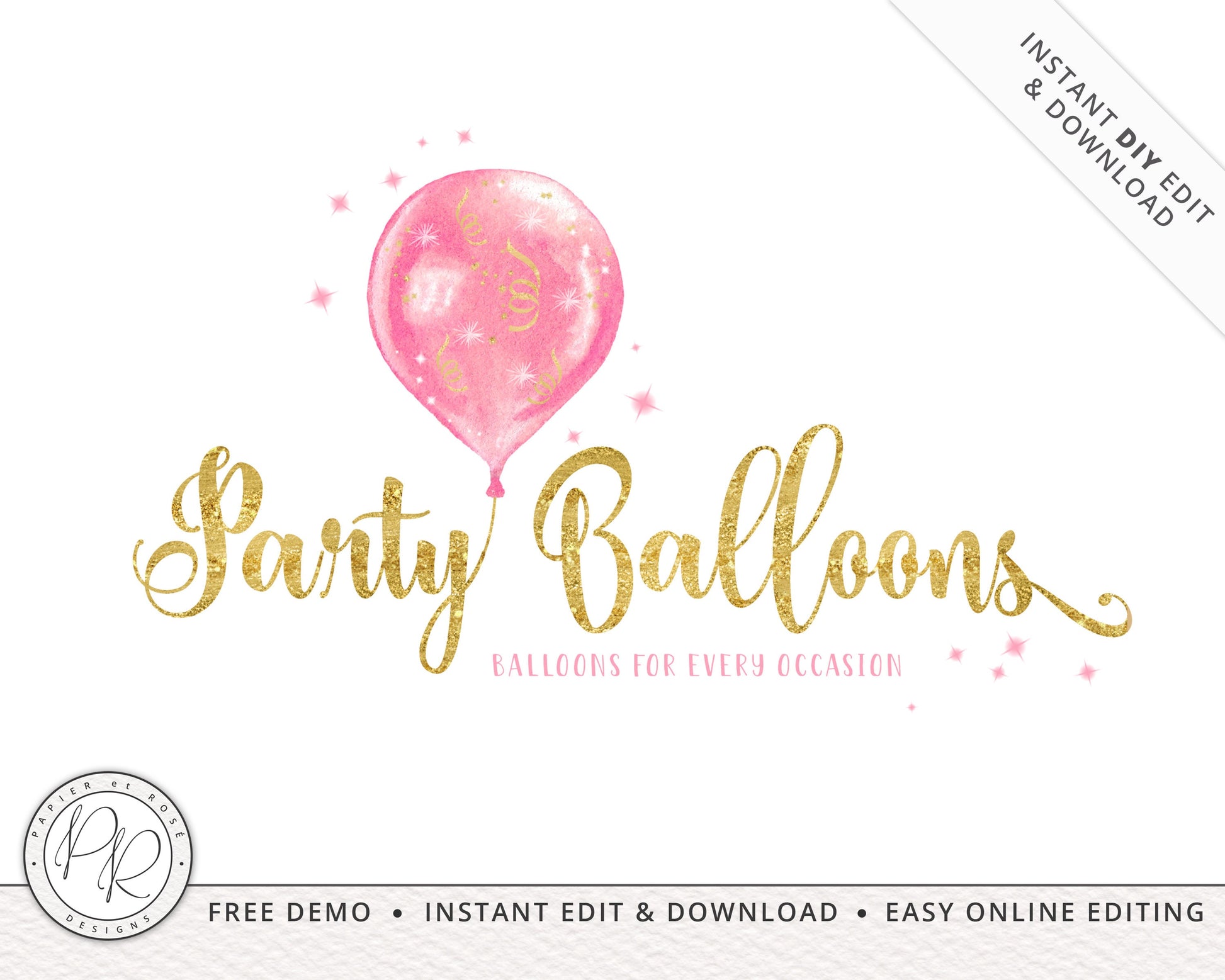 Editable Party Balloon Watercolor & Gold Foil Premade Logo Design Instant Download | DIY Template | Startup Business Branding - PR0288