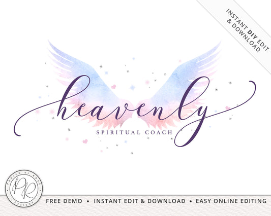 Editable Premade Watercolor Angel Wings Spiritual Logo Design Instant DIY Download | Editable Template | Startup Business Branding - PR0292