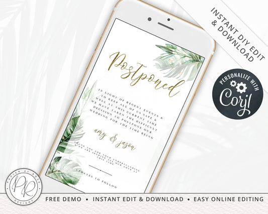 DIY Instant New Date Foliage Digital Phone E-message Change of Plans Change Wedding Date | Postponed Announcement Editable Template - PRD007