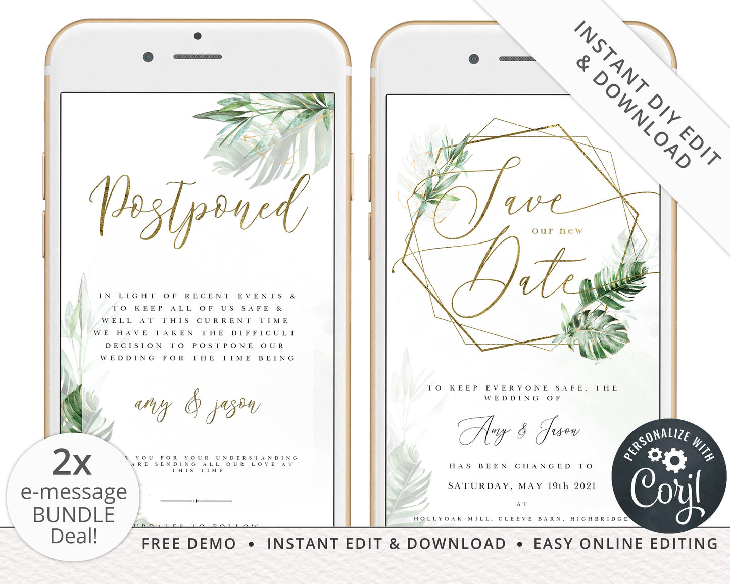 Instant Bundle Elegant Modern Floral Phone E-messages Change of Plans Postponed Announcement New Date Editable Templates - PRD016