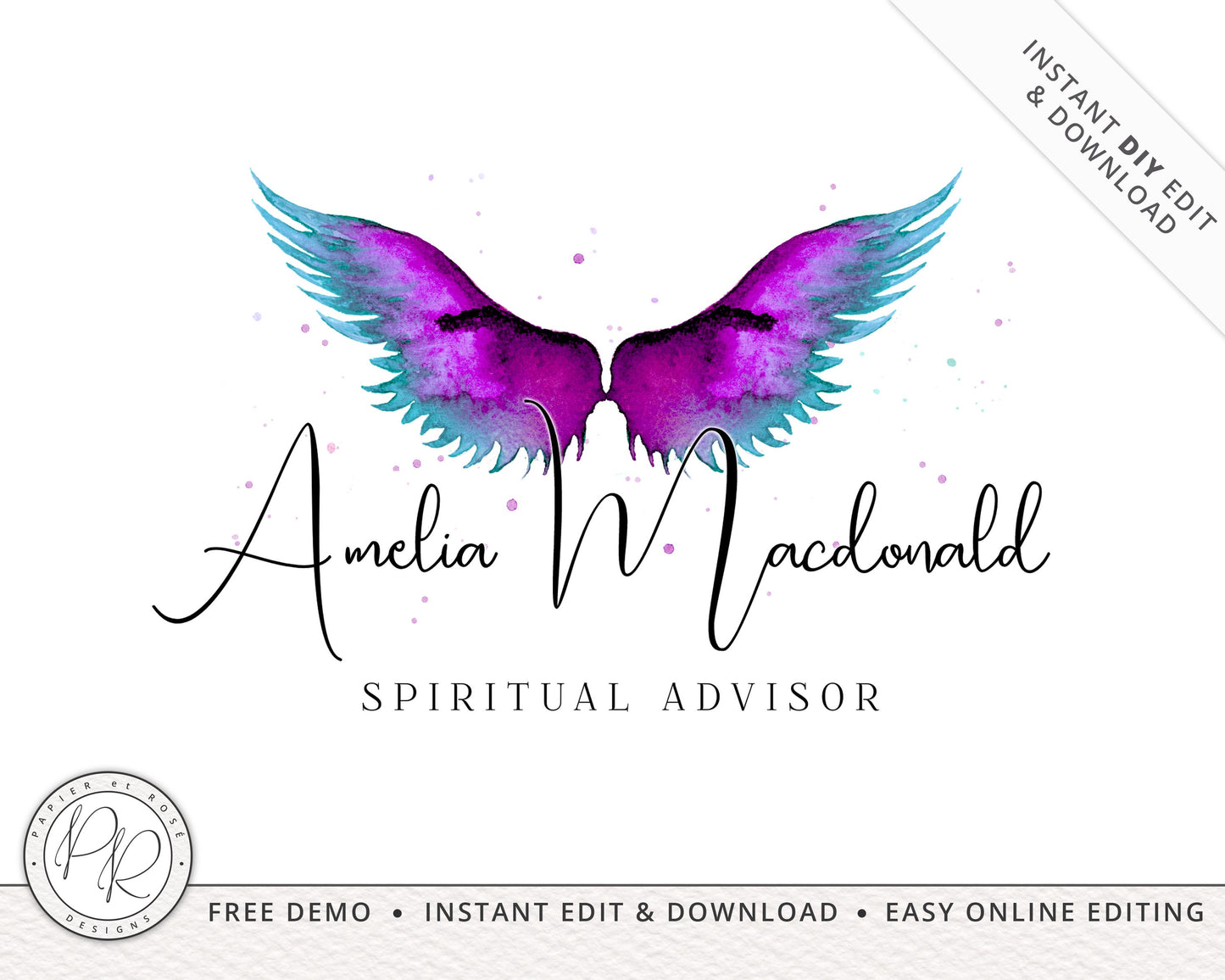 Editable Watercolor Angel Wings Spiritual Business Logo Design Instant Download | DIY Editable Logo Template |  Premade Logo AM-001