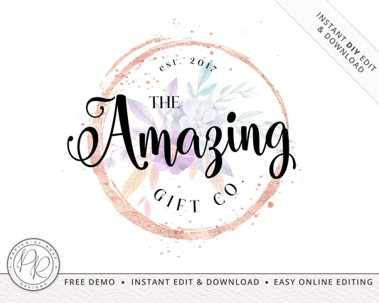 Editable Rose Gold & Watercolor Floral Feminine Premade Logo Design Instant Download | DIY Editable Logo Template |  Premade Logo - PR0331