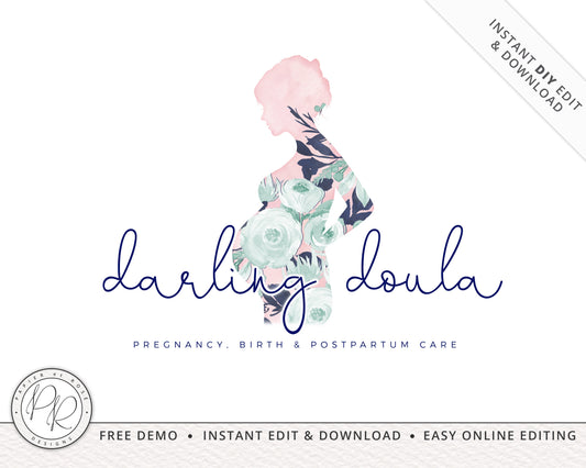 Editbale Doula Birth Pregnancy Care Pretty Floral Logo Design Instant Download | Editable Logo Template |  Premade Logo - PR0338