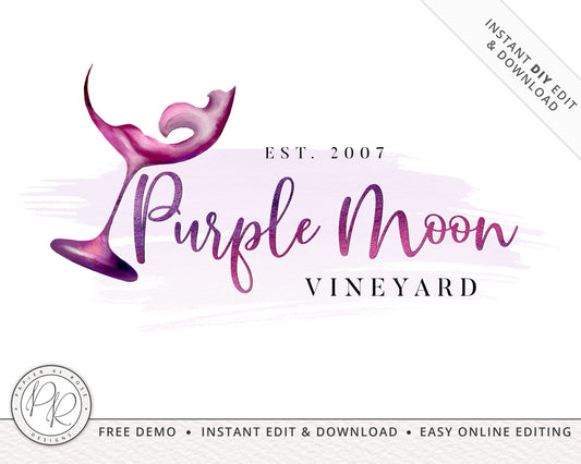 Editable Watercolor Vineyard Wine Glass Alcohol Premade DIY Logo Design Instant Download | Editable Logo Template |  Premade Logo - PR0344