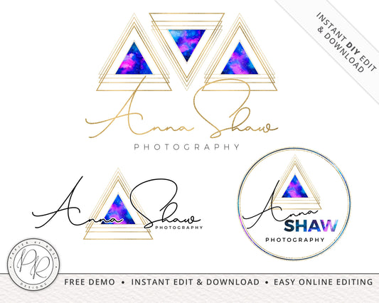 DIY Premade 3 x Logo Suite Geometric Marble Watercolor & Gold Glitter Foil Logos Branding | Instant Edit DIY Logo | Editable Template AS-001