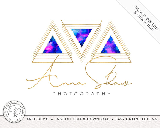 Editable Premade Geometric Marble Watercolor & Gold Glitter Foil Logo Design Instant Download | DIY Editable Template | Alchemy Logo AS-001