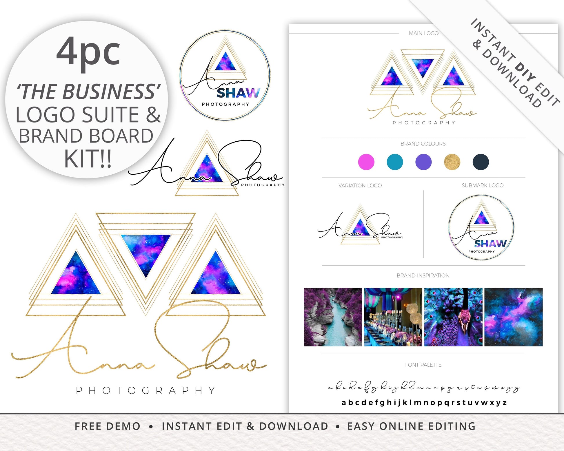 DIY Premade 4pc Geometric Colorful Gold Glitter Logo Suite & Brand Board/Style Tile Branding Package | Premade Logo | Instant Edit AS-001