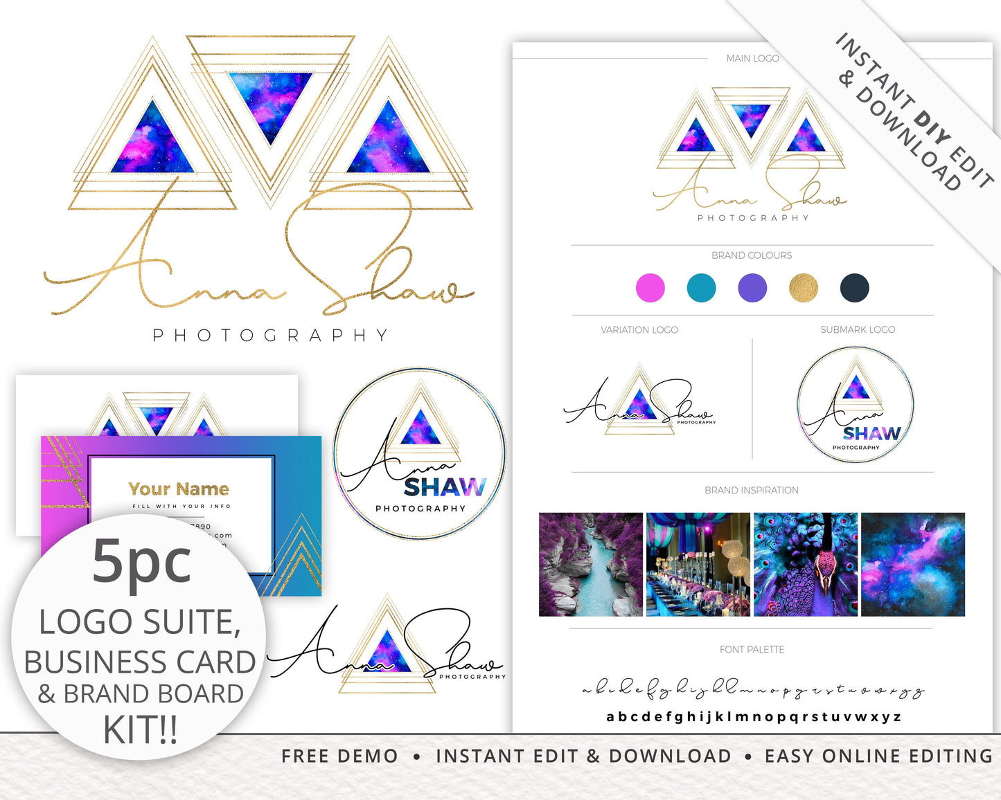 Editable 5pc Geometric Colorful Gold Glitter DIY Logo Suite Business Card & Brand Board/Style Tile Branding Package | Instant Edit AS-001