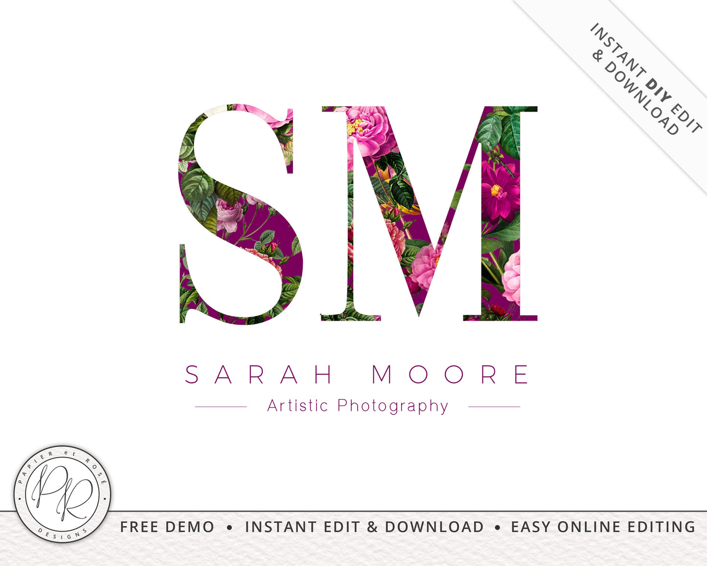 Editable Premade Floral Initials Photography Watermark Logo Design Instant Download | Editable Logo Template |  Premade Logo - PR0347