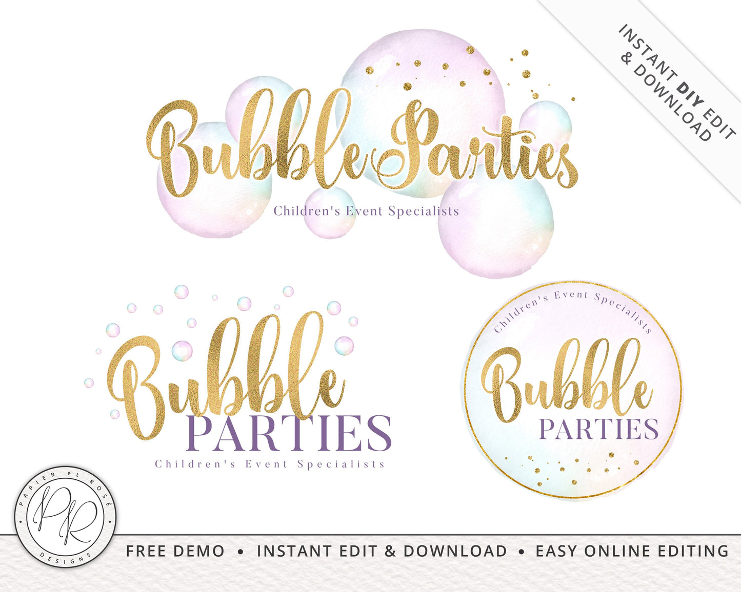 Editable Premade 3 x Logo Suite Pastel Watercolor Balloon & Gold Foil Elegant Branding Kit Package | Instant Edit DIY Logo Template BP-001