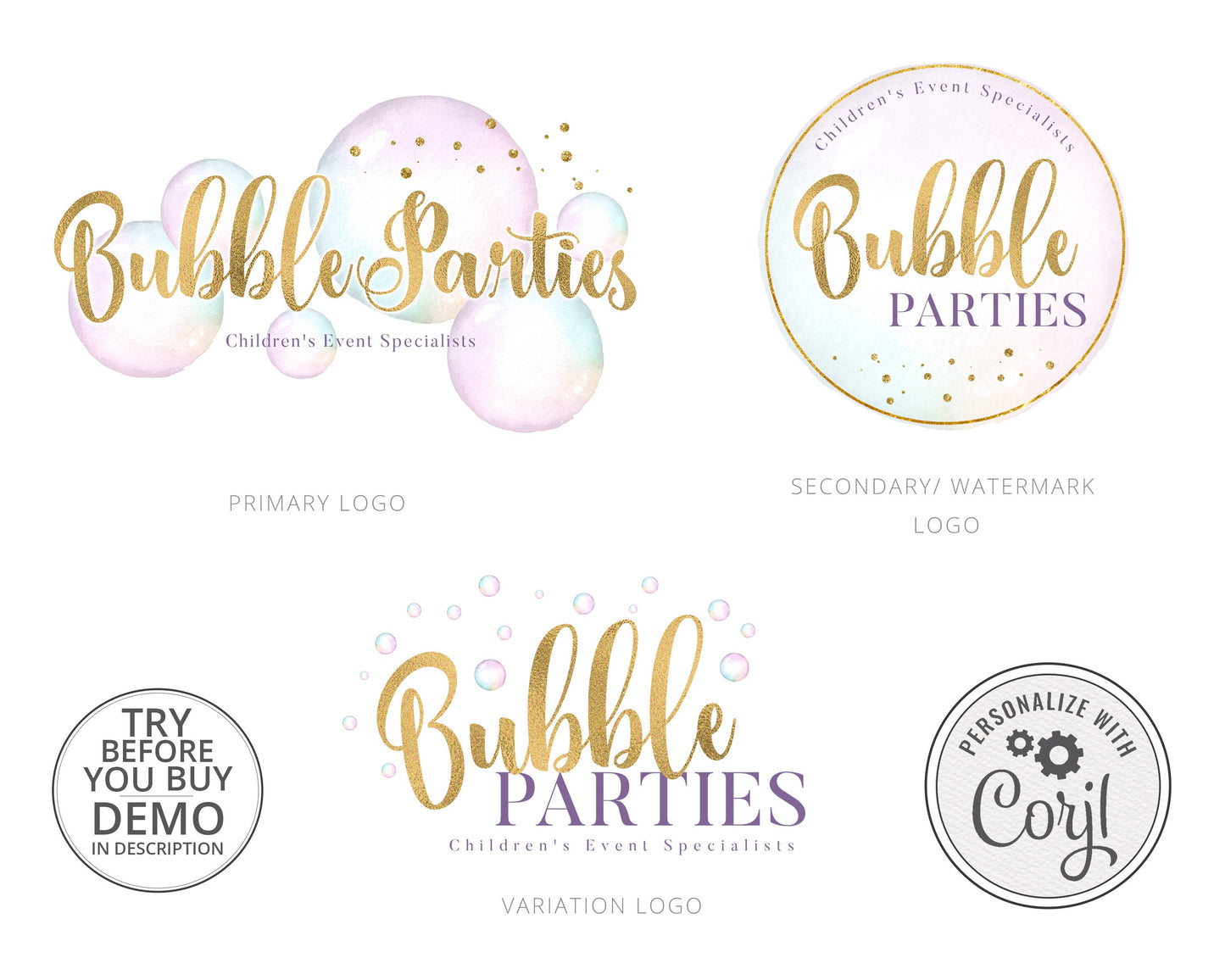 Editable Premade 3 x Logo Suite Pastel Watercolor Balloon & Gold Foil Elegant Branding Kit Package | Instant Edit DIY Logo Template BP-001