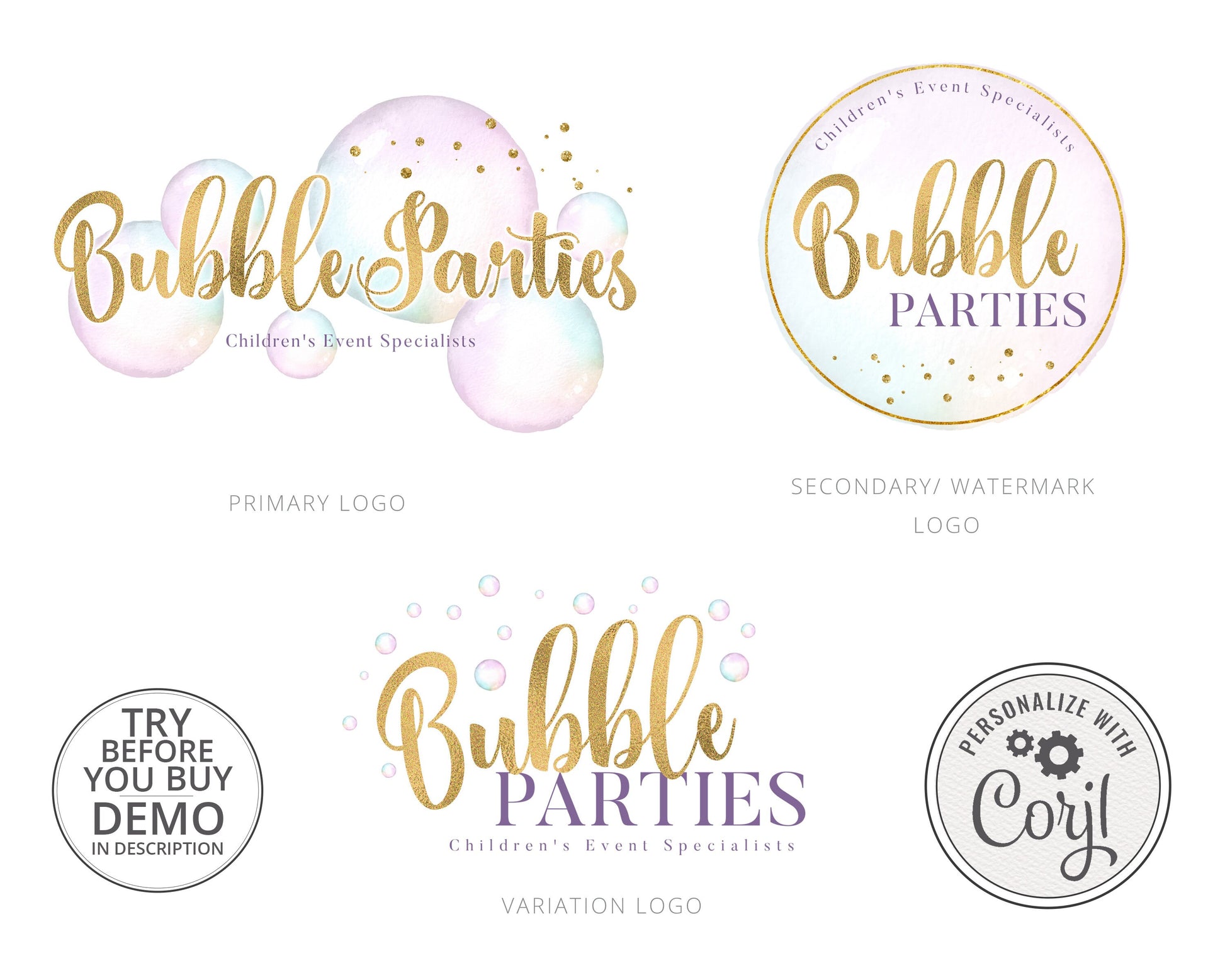 Editable Premade 3 x Logo Suite Pastel Watercolor Balloon & Gold Foil Elegant Branding Kit Package | Instant Edit DIY Logo Template BP-001