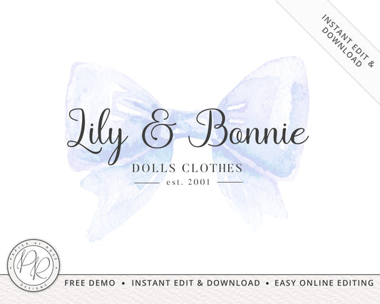 DIY Watercolor Bow Premade Logo | InstantT Edit Yourself Online! | Custom logo Design | Boutique logo | Editable Template LB-002
