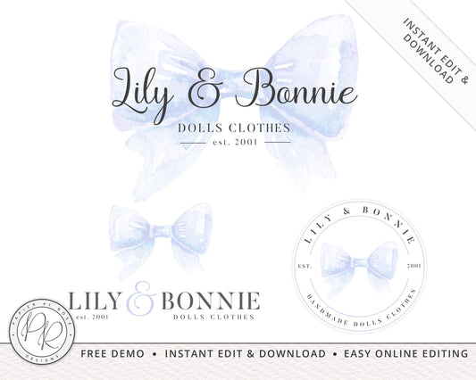 DIY Premade 3 x Watercolor Bow Logo Suite | Instant Edit Yourself Online! | Custom logo Design | Boutique logo | Editable Template LB-002