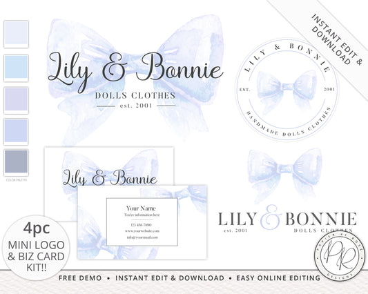 DIY 4pc Logo Suite & Business Card Instant Edit Watercolor Bow Branding Kit  |  Premade Editable Logo Template | DIY Edit LB-002