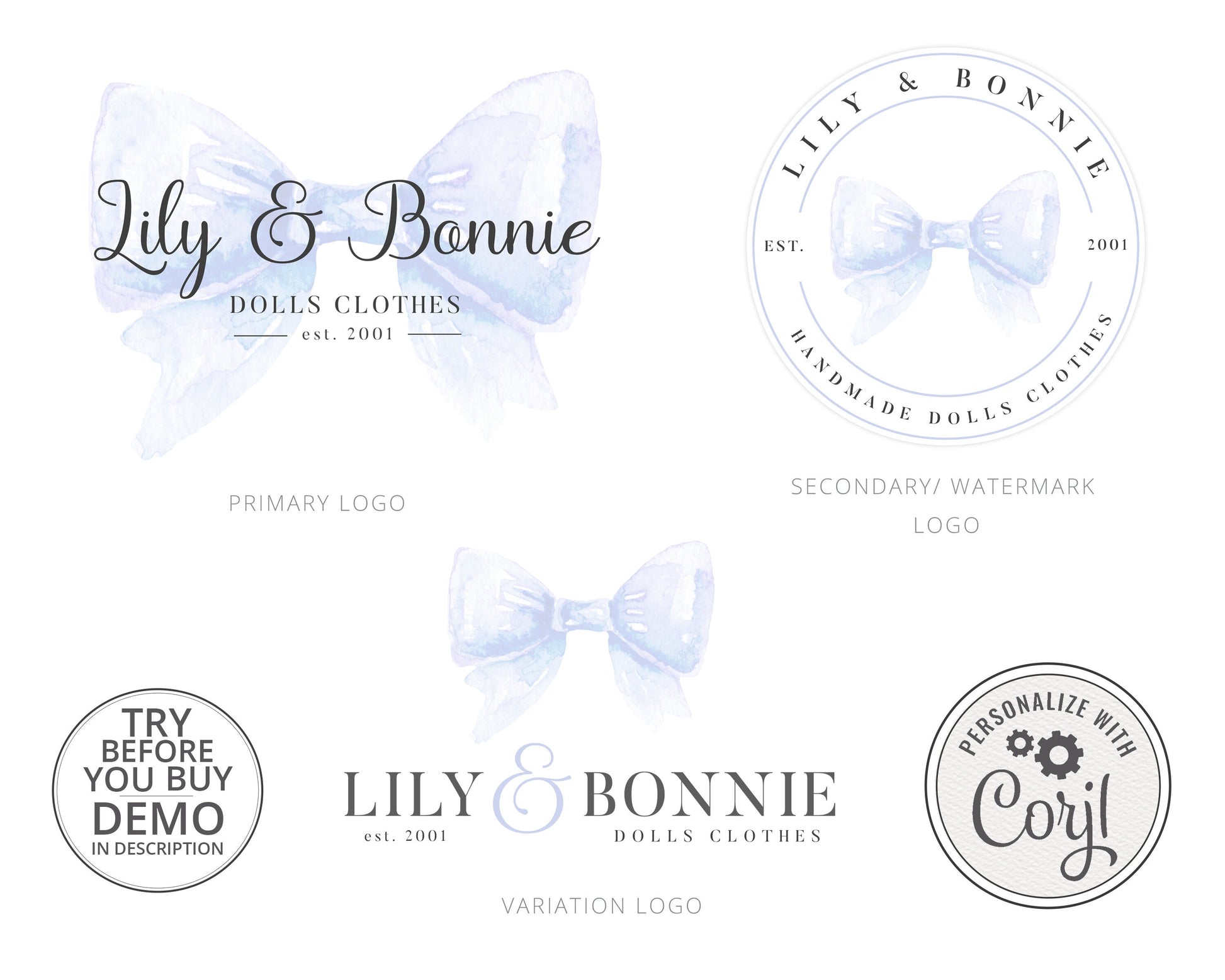 Editable 8pc Maxi Branding Kit Watercolor Bow Instant Download Boutique Logo Design  | DIY Editable Template | Premade Logo Package LB-002