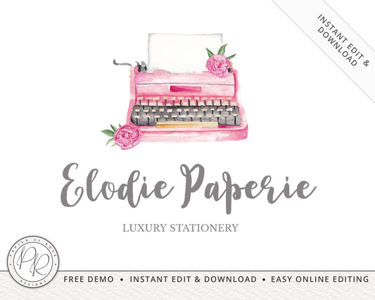 DIY Cute Paperie Watercolor Typewriter Premade Logo  |  Instant Edit Yourself Online!  |  Instant Business logo Template EP-001