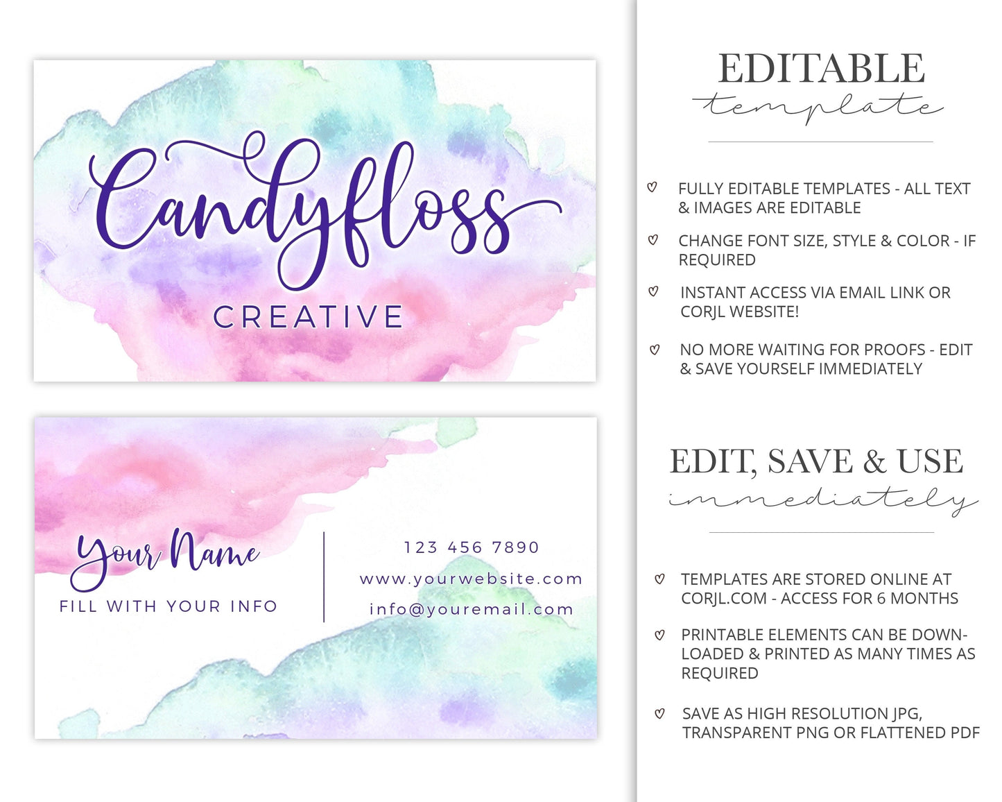 Editable 4pc Logo Suite & Business Card Instant Download Branding Kit Candyfloss Pastel Watercolor  |  Premade Logo | Edit Online  CF-001