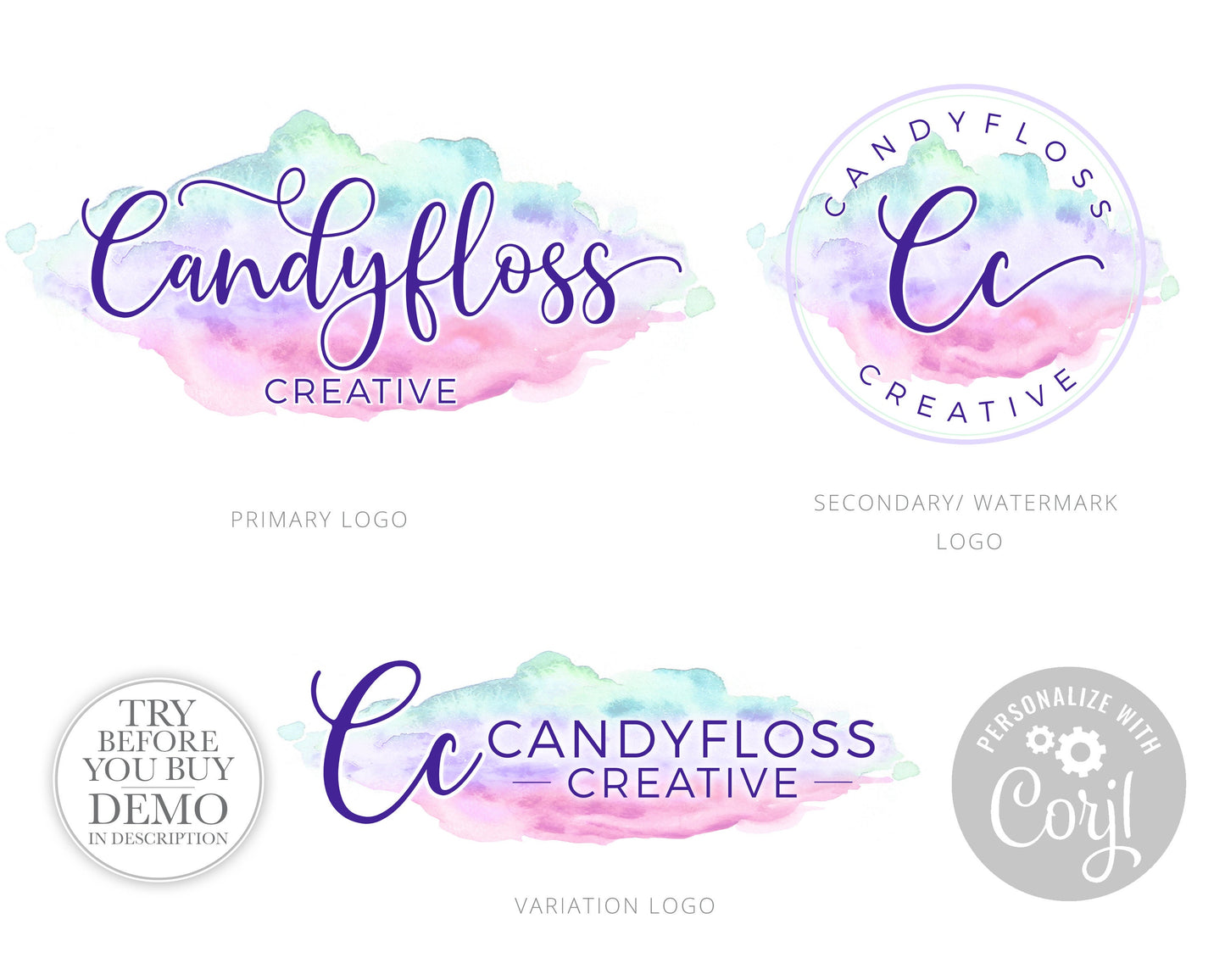 Editable 4pc Logo Suite & Business Card Instant Download Branding Kit Candyfloss Pastel Watercolor  |  Premade Logo | Edit Online  CF-001