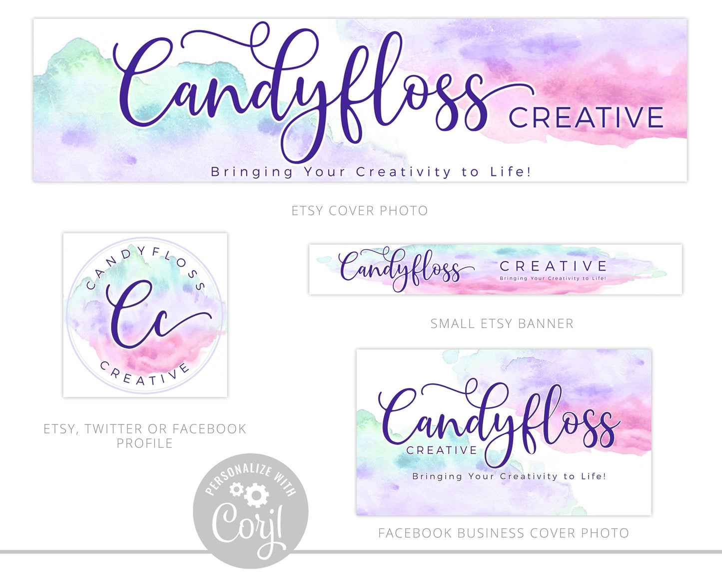 Full Business Branding Kit Instant Edit & Download Candyfloss Pastel Watercolor Logo  |  Edit Online!  | Premade Business logo CF-001
