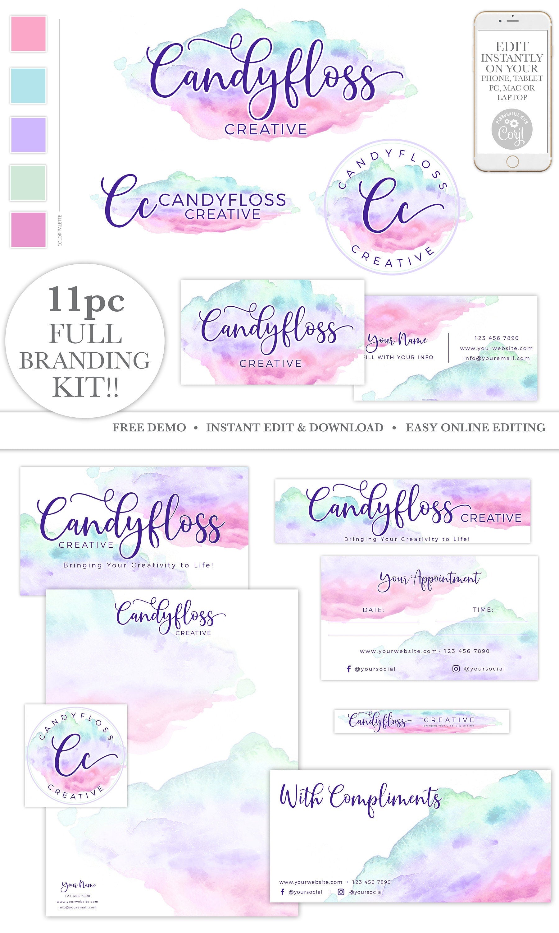 Full Business Branding Kit Instant Edit & Download Candyfloss Pastel Watercolor Logo  |  Edit Online!  | Premade Business logo CF-001